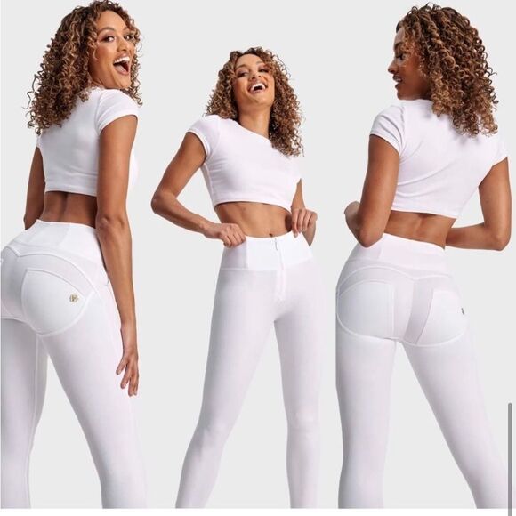 FREDDY WR.UP white faux leather vegan High Waisted 7/8 Length leggings Sz L NWT - Picture 1 of 10